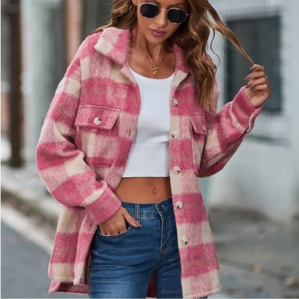 Pink Buffalo Plaid Fuzzy Shacket - Picture 2 of 4